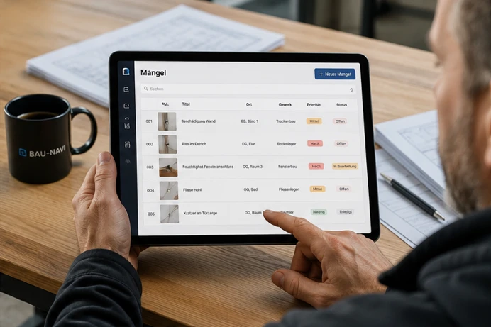 Mängelmanagement Software auf dem Tablet im Baustellenbüro bedienen