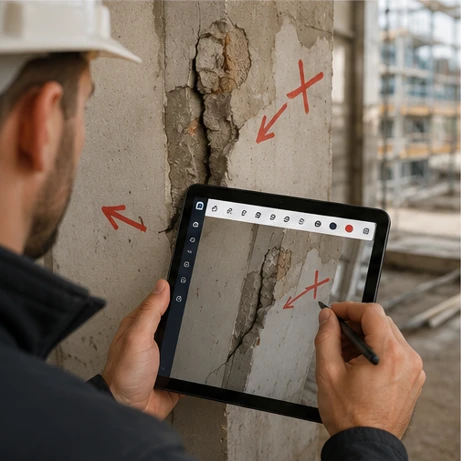 Bau Mängelmanagement – Bauleiter begutachtet und dokumentiert Schäden auf einer Baustelle
