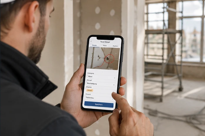 Mängelmanagement App auf dem Smartphone auf einer Baustelle nutzen
