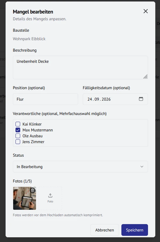 Anlage eines Mangels in Bau-Navi mit Foto, Beschreibung und Verantwortlichen