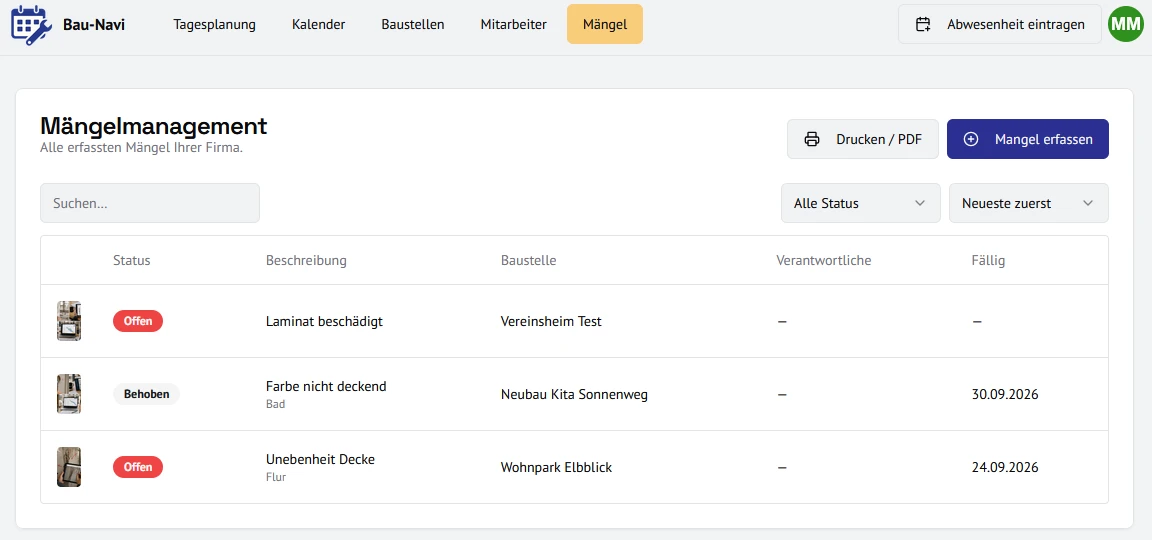 Mängelliste in Bau-Navi mit Status-Filter, Sortierung und Vorschaubildern