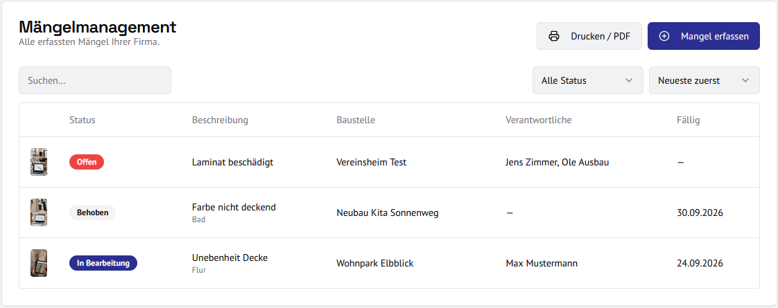 Mängelmanagement in Bau-Navi
